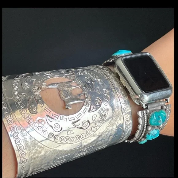 Vintage Sterling Silver Ethnic Lama Alpaca Etched Wide Bangle Boho Cuff